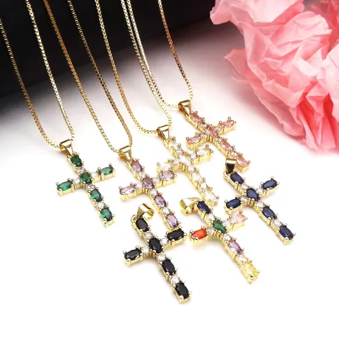 Copper Zirconia Cross Pendant Necklace Gold Plated Colorful Egg Shaped Zirconia Cross Adjustable Box Chain Necklace For Unisex