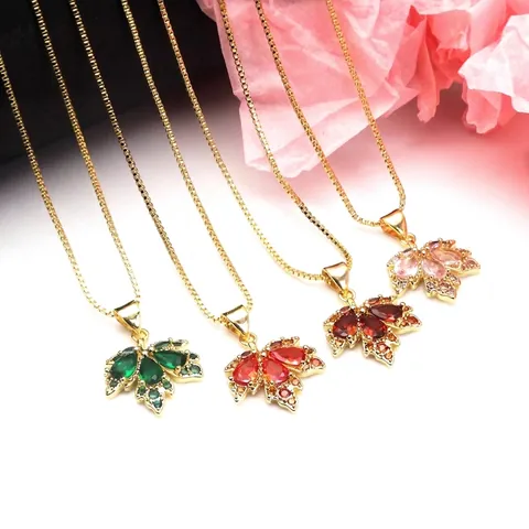 Gold Plated Copper Maple Leaf Pendant Necklace With Colorful Zirconia Micro-Pave Botanical Jewelry DIY Necklace Accessories For Women