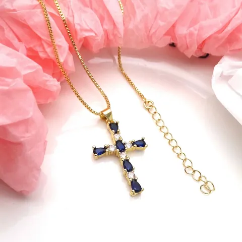 Fashion Women Cross Zirconia Pendant Necklace Colorful Drop Shaped Adjustable Brass Gold Plated Chain Necklace Jewelry Gift
