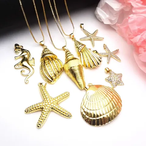 Ocean Style Gold Plated Copper Conch Starfish Seahorse Pendant Necklace Zirconia Inlaid Marine Life Jewelry For Women