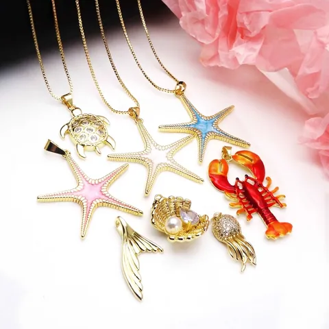 Ocean Style Copper Zirconia Sea Turtle Starfish Lobster Scallop Pendant Necklace Enamel Fish Tail Jewelry For Women Gift