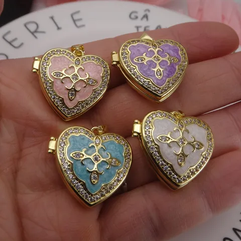 Copper Gold Plated Zirconia Enamel Heart Angel Locket Pendant Necklace Women Retro Openable Photo Frame Jewelry Gift