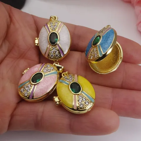Copper Gold Plated Enamel Oval Locket Pendant Necklace For Women Retro Geometric Zirconia Inlaid Jewelry Gift Accessories