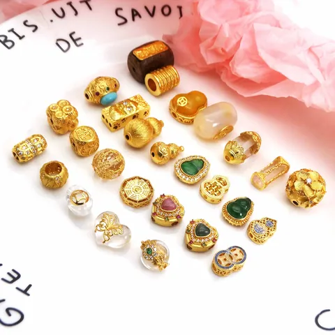 Gold Plated Copper Spacers Loose Beads With Rhinestone Aloeswood For DIY Bracelet Necklace Gourd Heart Barrel Jewelry Parts