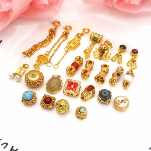 Ethnic Sand Gold Copper DIY Jewelry Accessories Auspicious Gourd Tassel Pendants With Rhinestones Artificial Pearls For Bracelet Making