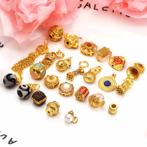 Perles de Bijoux DIY en Cuivre Vintage Avec Strass Perle Artificielle Lotus Gourde Breloques Motif Auspicieux Perles en Vrac Pour Bracelets