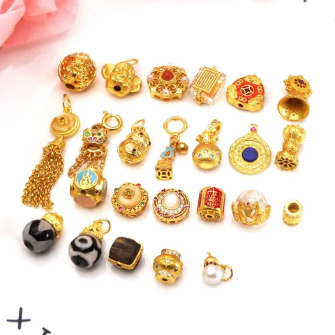 Perles de Bijoux DIY en Cuivre Vintage Avec Strass Perle Artificielle Lotus Gourde Breloques Motif Auspicieux Perles en Vrac Pour Bracelets