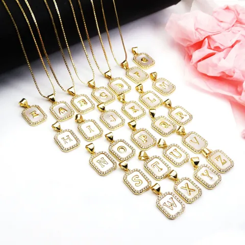 Square English Letter Pendant Necklace Copper Cubic Zirconia Shell Inlaid Alphabet Initial Pendant Gold Plated Chain Necklace For Unisex Jewelry