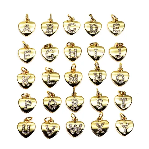 Gold Plated Copper Heart Shape Alphabet Initial Pendant Rhinestone Micro Pave Charm For DIY Necklace Bracelet Making Women Jewelry Accessories