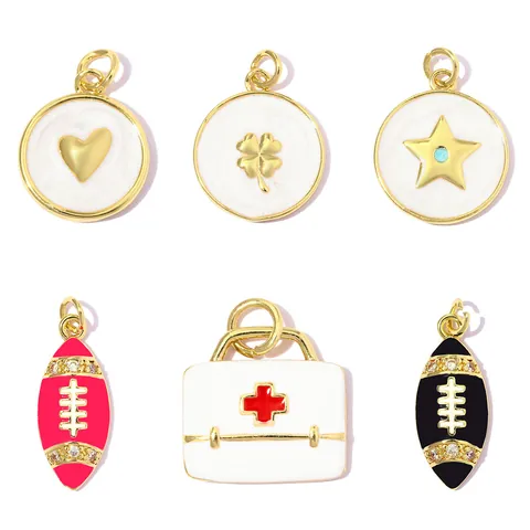 DIY Copper Zirconia Enamel Pendant Charm Heart Clover Star Medical Box Rugby 18K Gold Plated Jewelry Making Findings Accessories For Women