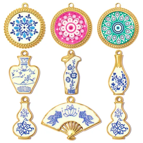 Stainless Steel Mandala Evil Eye Enamel Pendants Chinese Style Vase Gourd Fan Charms For DIY Necklace Jewelry Making Gift