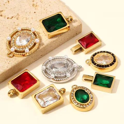 Stainless Steel Zirconia Pendant Colored Rhinestone Round Rectangle Oval Geometric Charm For Women DIY Jewelry Making Supplies Only Pendant
