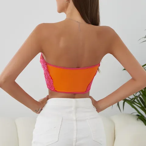 Women Sexy Color Block Lace Corset Top Underwire Fishbone Bustier Backless Patchwork Bandeau Vest Y2K Streetwear Outwear Top