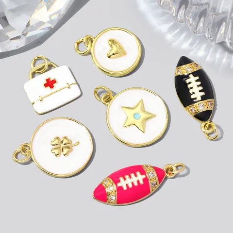 DIY Copper Zirconia Enamel Pendant Charm Heart Clover Star Medical Box Rugby 18K Gold Plated Jewelry Making Findings Accessories For Women