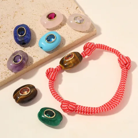Ovale Naturstein Zirkonia Perlen 18K Vergoldetes Kupfer Anhänger DIY Schmuckherstellung Rose Quarz Amethyst Tigerauge Charme