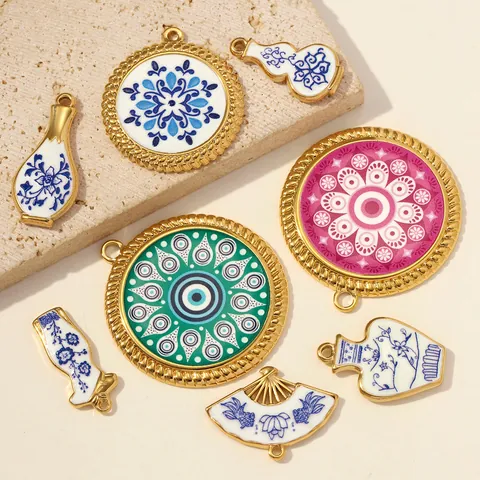 Stainless Steel Mandala Evil Eye Enamel Pendants Chinese Style Vase Gourd Fan Charms For DIY Necklace Jewelry Making Gift