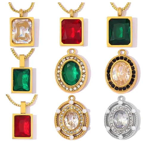 Stainless Steel Zirconia Pendant Colored Rhinestone Round Rectangle Oval Geometric Charm For Women DIY Jewelry Making Supplies Only Pendant