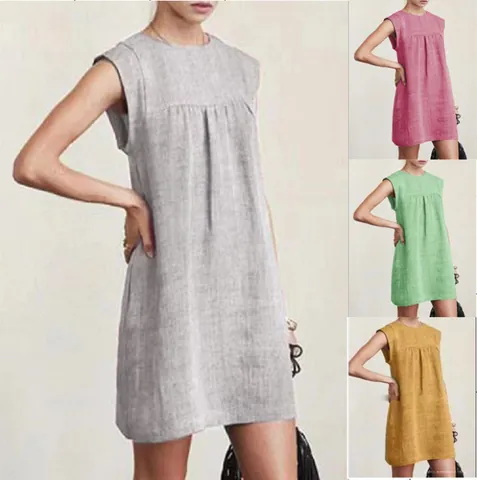 Damen Sommer Baumwolle Leinen Kleid Ärmellos Rundhals Lässig Lose Einfarbig A-Linie Plissiert Midi Strandkleid Sonnenkleid