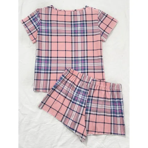 Pigiama da Donna Casual a Quadri con Scollo a V e Bordo in Pizzo Sopra e Sotto Completo Estivo in Morbido Poliestere