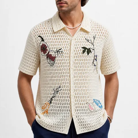 Heren Vakantiestijl Gehaakt Gebreid Vest Poloshirt Opengewerkt Geborduurd Korte Mouw Casual Ademend Revers Top met Knopen