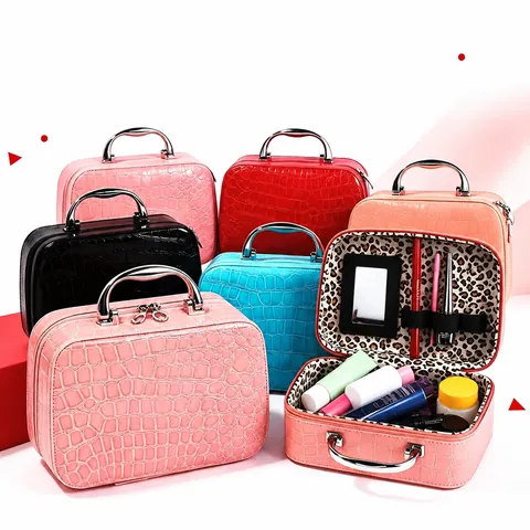 Portable Makeup Bag PU Leather Crocodile Pattern Cosmetic Case With Mirror Metal Handle Square Travel Storage For Women