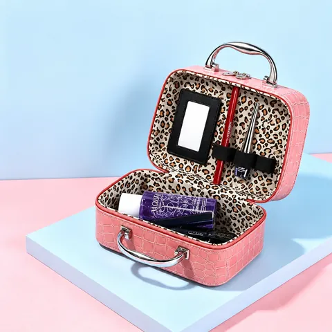 Portable Makeup Bag PU Leather Crocodile Pattern Cosmetic Case With Mirror Metal Handle Square Travel Storage For Women
