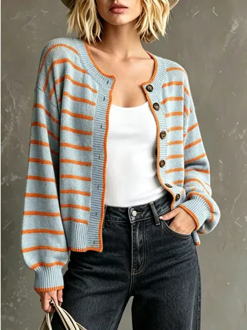 Damen Leopardenmuster Gestreifte Strickjacke Acryl Gestrickt Rundhalsausschnitt Überschnittene Schultern Einreihiges Oberteil Herbst Winter