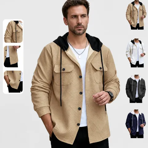 Giacca da Uomo con Cappuccio in Jacquard Pesante Blocchi di Colore Casual Manica Lunga Vestibilità Comoda Capispalla Cappotto