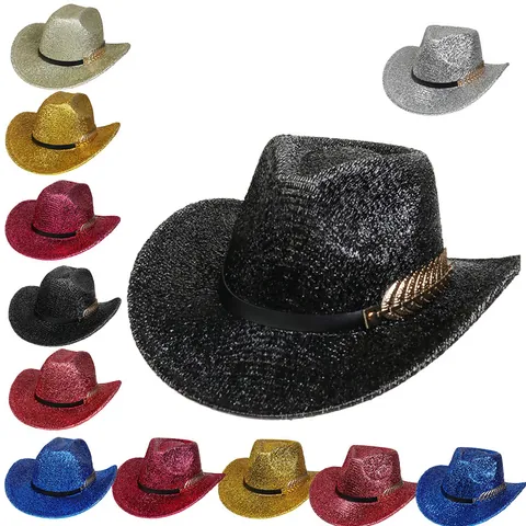 Funkelnder Glitzer Pailletten Western Cowboyhut Für Damen Herren Breitkrempiger Partyhut Mit Schwarzem Band Feder Schnalle Kopfschmuck