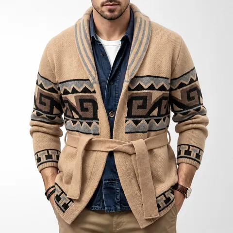 Men Retro Jacquard Knit Cardigan With Belt Long Sleeve Thickened Winter Top For Casual Daily Wear Warm Sweater Outerwear