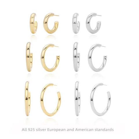 925 Sterling Zilveren Hoop Oorbellen Minimalistische Glanzende C-Vormige Chunky Oorknopjes Voor Dames Casual Mode Sieraden