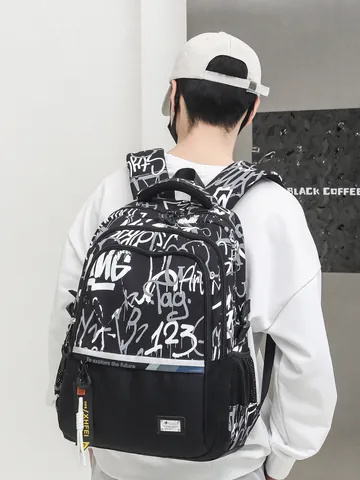 Large Capacity Backpack Polyester Waterproof Graffiti Camouflage School Bag For Men Students Fits Laptop
