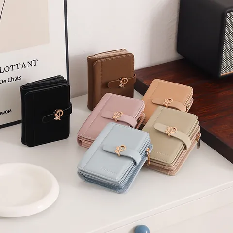 Women Short Wallet PU Leather Folding Solid Color Metal Leaf Buckle Multi Card Slots Small Money Purse Japanese Style