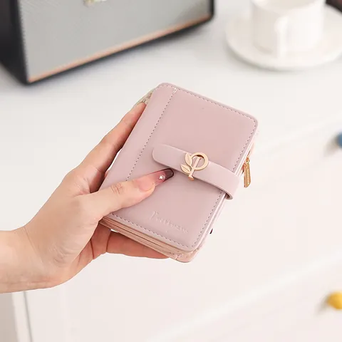 Women Short Wallet PU Leather Folding Solid Color Metal Leaf Buckle Multi Card Slots Small Money Purse Japanese Style