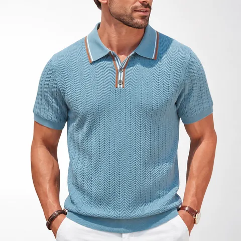 Men's Business Casual Viscose Knit Polo Shirt Short Sleeve Striped Cable Knit Texture Summer Breathable Slim Fit Top