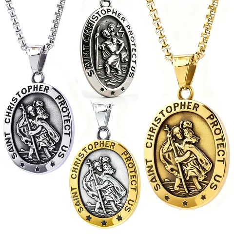 Saint Christopher Protect Us Pendant Necklace Stainless Steel Religious Oval Medal Polished Vintage Jewelry For Men Women