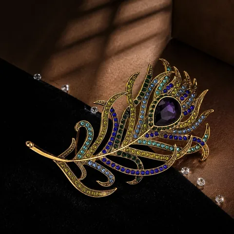 Vintage Alloy Peacock Feather Brooch With Multicolor Rhinestones Purple Teardrop Gemstone Fashion Animal Brooch For Women Men