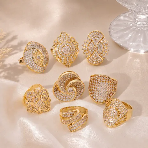 French Vintage Stainless Steel Adjustable Ring For Women Gold Plated Zirconia Geometric Square Round Flower Jewelry