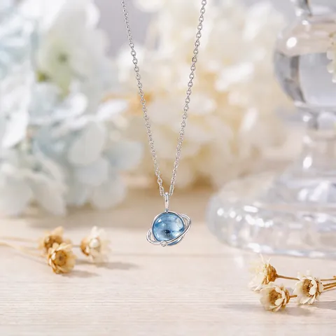 Collar con Colgante de Planeta de Topacio Azul Cielo de Plata de Ley S925 Cadena de Saturno Universo Minimalista para Mujer Joyería Regalo