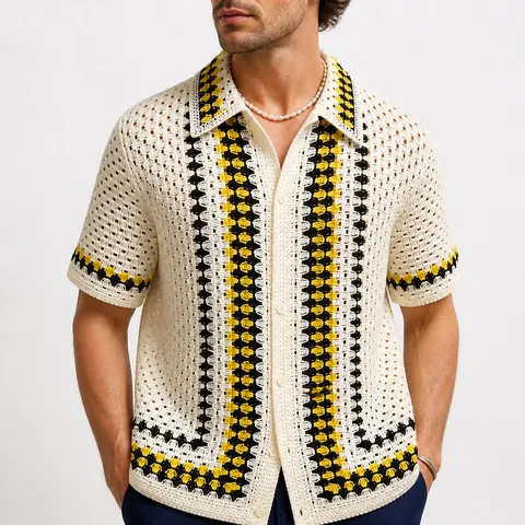 Polo de Punto Calado al Crochet Estilo Étnico para Hombre Manga Corta Acrílico Estilo Vacaciones Cuello Vuelto SY0130