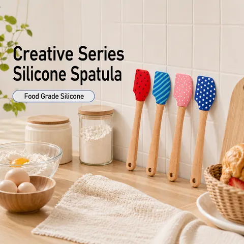 Silicone Spatula With Wooden Handle Food Grade Cream Scraper Butter Spreader For Kitchen Baking Christmas Fruit Patterns