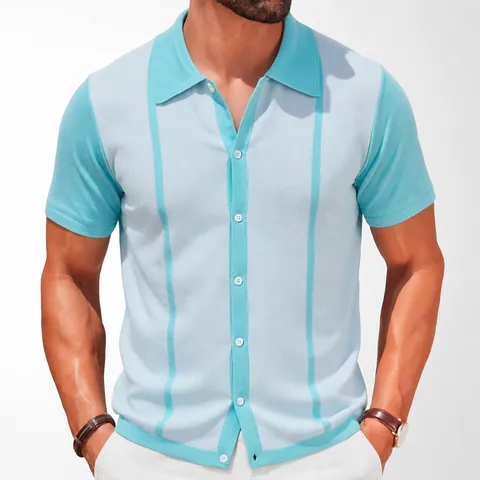 Polo da Uomo in Maglia a Maniche Corte Color Block a Righe Cardigan Casual Slim Fit Estate Moda Polo Top per Uomo