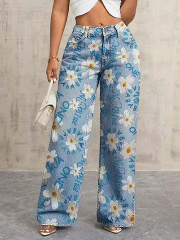 Women Streetwear Loose Wide Leg Floral Print Denim Jeans Washed Cotton Blend Straight Leg Casual Trousers Blue