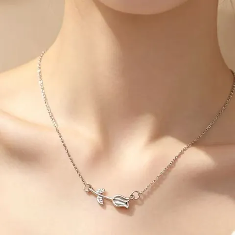 Minimalist Tulip Pendant Necklace Cat's Eye Stone Rhinestone Elegant Floral Fashion Jewelry For Women Birthday Gift