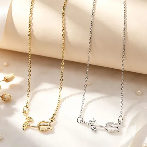 Minimalist Tulip Pendant Necklace Cat's Eye Stone Rhinestone Elegant Floral Fashion Jewelry For Women Birthday Gift