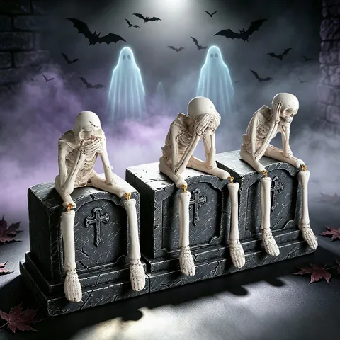 Halloween Resin Skull Skeleton Figurines With Dangling Legs See Hear Speak No Evil Gothic Home Office Party Decor Ornaments