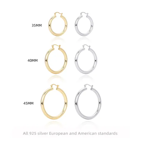 925 Sterling Silver Hoop Earrings Large Circle Geometric Chunky Polished Retro Punk Trendy Minimalist Jewelry For Women