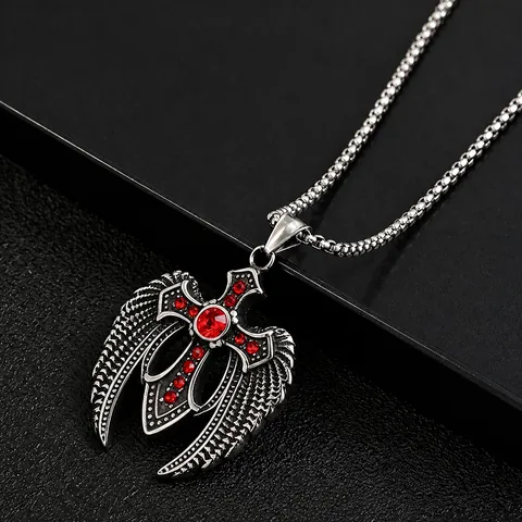 Gothic 316 Stainless Steel Cross Wing Pendant Necklace Red Rhinestone Inlaid Vintage Hip Hop Bottle Opener Necklace For Men Women