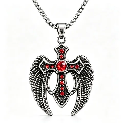 Gothic 316 Stainless Steel Cross Wing Pendant Necklace Red Rhinestone Inlaid Vintage Hip Hop Bottle Opener Necklace For Men Women