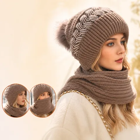 Integrated Knitted Beanie Hat With Scarf Winter Warm Ear Protection Thick Polyester Neck Wrap For Women And Girls Cute Solid